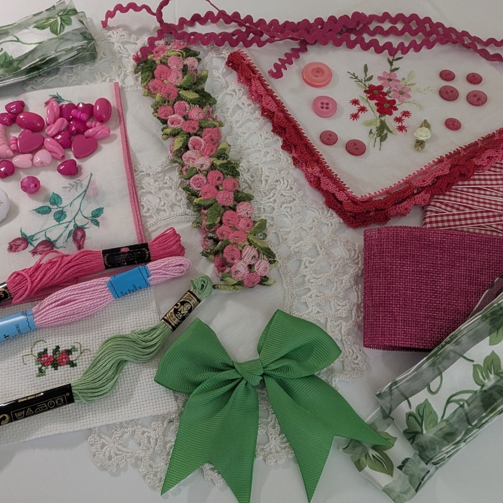 Slow Stitching Inspiration Kit for Fiber Art - Pink, Green & White